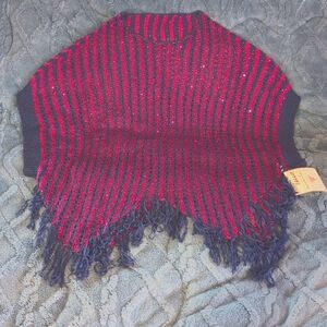 Stylish Crochet Navy And Fushia Pink Striped Sequin Poncho With Fringe Detail